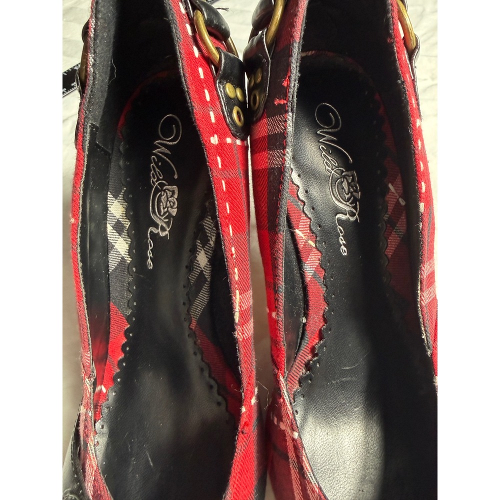 Wild Rose Red Plaid Pointed Toe Pumps Buckle Stiletto Heels Sz 6 Alt Metal - Picture 5 of 8